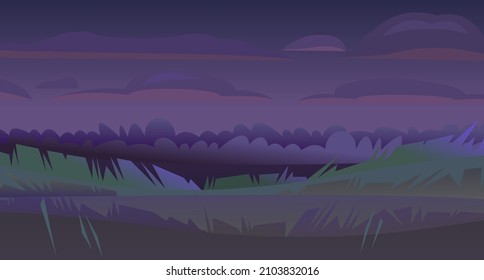 Night rural landscape. View of farm garden fields and hills. Flat style cartoon design. Beautiful dark suburban scene. Vector