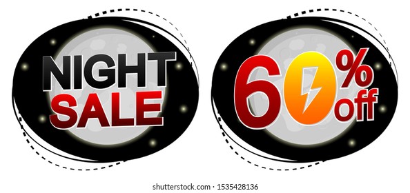Night Sale, 60% off, banners design template, discount tags, app icons, vector illustration
