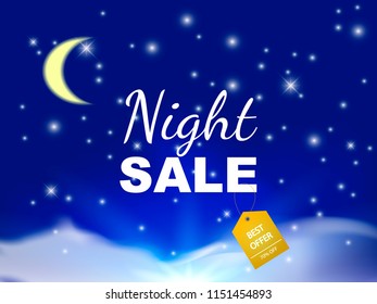 Night sale concept. Evening sky with moon, stars and clouds. Vector illustration.