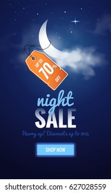 Night sale dark banner. Sale poster with moon, clouds and price tag. Vector illustration.