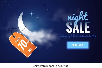 Night sale dark banner. Sale poster with moon, clouds and price tag. Vector illustration.