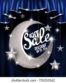 Night Sale With Silver Stars And Moon. Vector Illustration