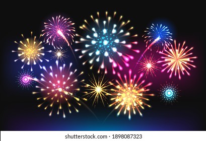 Night salute fireworks. Christmas celebration fire festival vector illustration, night sky firework background isolated on black, fun birthday party exploding firecrackers