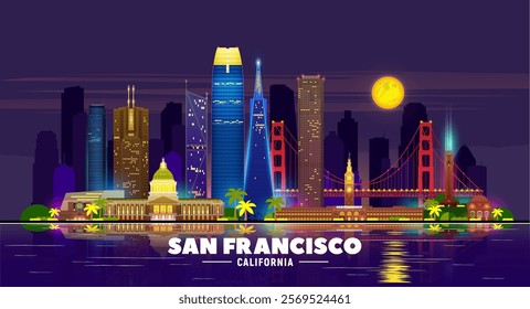 Night San Francisco California skyline vector illustration. Background with city panorama. Travel picture.