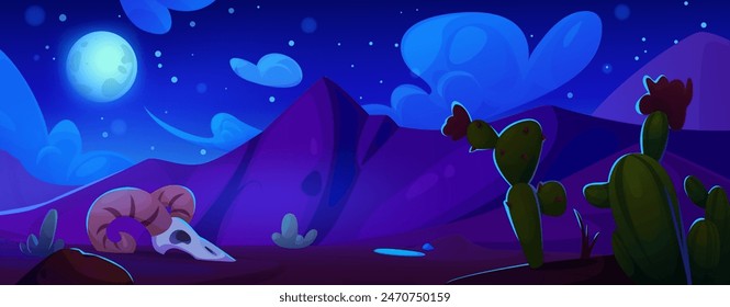 Night sandy desert background. Vector cartoon illustration of dark wild west landscape with drought land, old buffalo skull, cactus with flower, moon and stars glowing in midnight sky, drought scenery