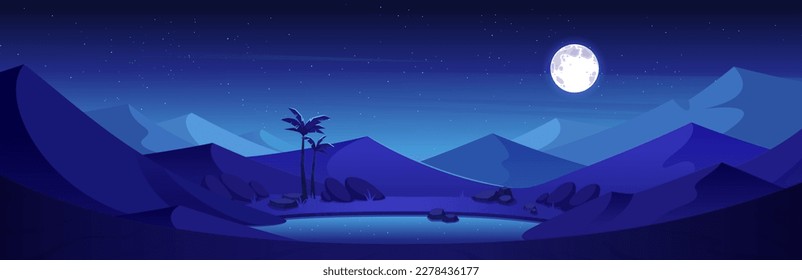 Night in sandy desert with dunes and oasis lake. Vector cartoon illustration of dark valley landscape, stars and full moon on dark sky reflecting in water, palm trees. Adventure game background