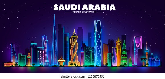 Night Saudi Arabia skyline.Vector illustration.