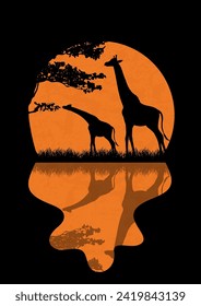 Night savanna and full moon minimalist poster. Calm landscape, wild nature of Africa, giraffes near water