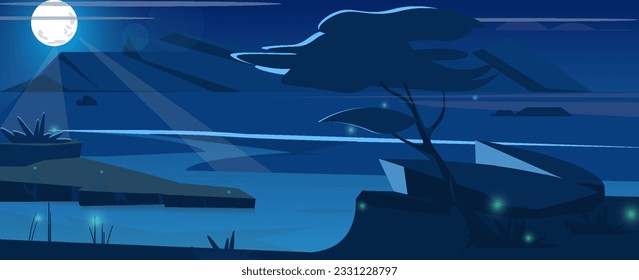 Night savanna view. African cartoon landscape with full moon, silhouettes of trees and grass.