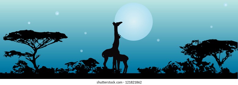 Night in Savannah Giraffes on Front of the Moon. Vector illustration.