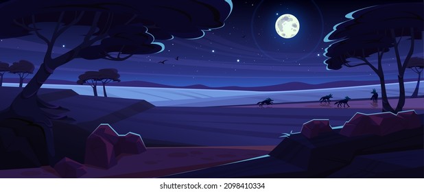 Night savannah landscape, natural african background with hyenas pack silhouettes run through field with trees under dark starry sky with full moon shining, game scene, Cartoon vector illustration