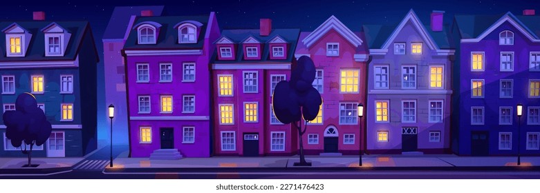 Night scandinavian street illuminated with hygge lights in windows. Vector cartoon illustration of dark european city with old brick buildings facade, trees and lanterns on sidewalk and empty road