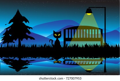 night scape at riverside,bench,light,cat,tree and mountain