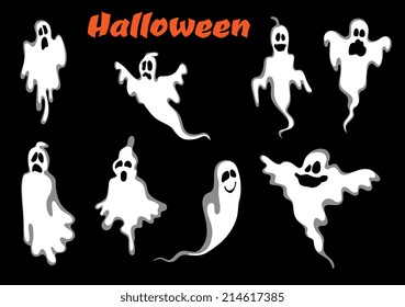 Night scary halloween ghosts set isolated on black background. For halloween party invitation and fear concept