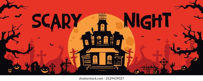 Night scary illustration with red sky, a castle, a cemetery and a full moon. Perfect for Halloween posters and banners.