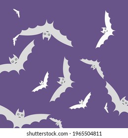 Night Scary Violet Motion Background. Retro Attack Spooky Purple Flying Bats Art Pattern. Creepy White Print Grey Eyes Bats Vector Background. Black Sky Colorful Gothic Halloween Art Illustration.