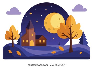Night Scene in Autumn with Full Moon Vector Illustration - Beautiful Fall Moonlit Landscape Art