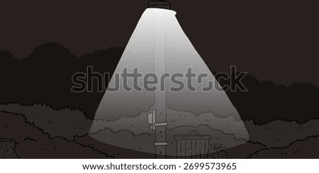 Night scene background under a dimly lit electric pole with a trash can nearby