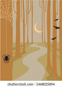 Night scene with bats and spiders among the trees