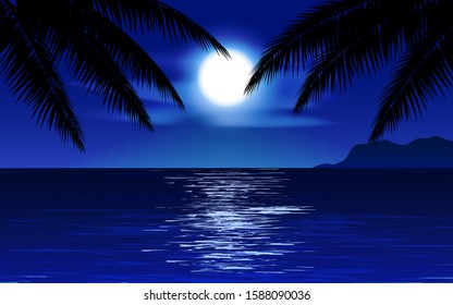 Night scene at beach with tree silhouette and moonlight 