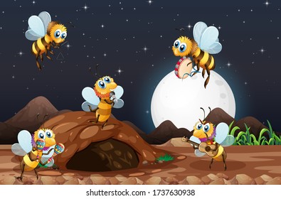 Night scene with bees flying in the garden illustration