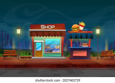 Night scene of beverage shop and Hamburgers and French Fries shop on street at nature park in city, vector illustration