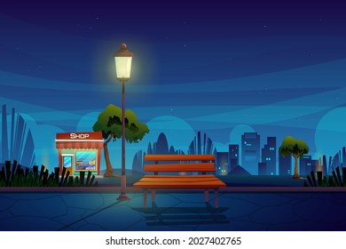 Night scene with beverage shop in park cartoon cityscape with outdoor, vector illustration