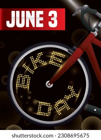 Night scene with bokeh effect and bicycle wheel illuminated with LED lights and greeting message celebrating Bike Day on June 3.