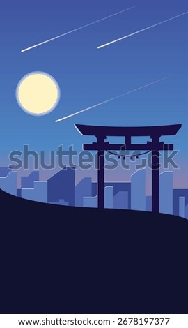 A night scene with a bright full moon, several meteors streaking across the blue sky, the silhouette of a traditional Japanese torii gate, and city buildings in the distance