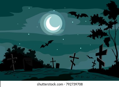 Night scene at the cemetery with bats
