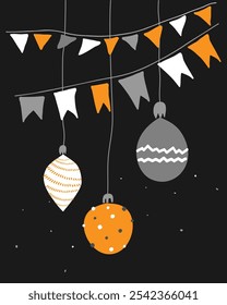 Night scene with  Christmas tree balls and flags garlands.  Vector print,card or poster. New Year and Christmas theme. Flat hand drawn style design.