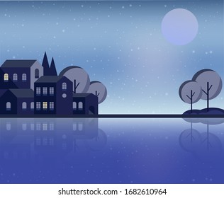 Night scene of the city by the river. Night landscape. Houses at night.