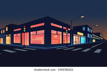 Night scene in city with shops illustration