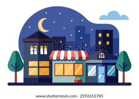 Night Scene in City with Shops – Vector Illustration and Digital Art