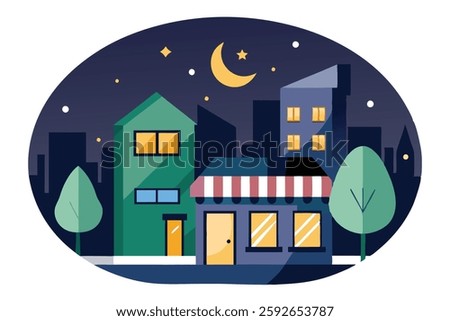 Night Scene in City with Shops – Vector Illustration and Digital Art