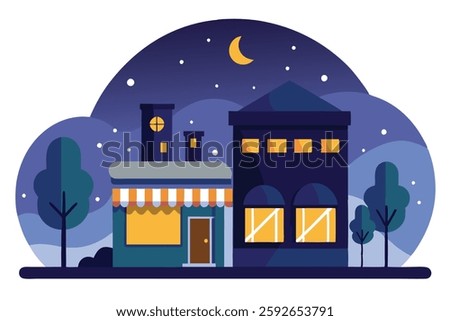 Night Scene in City with Shops – Vector Illustration and Digital Art