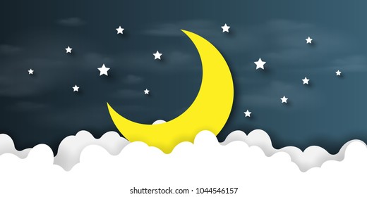 Night scene with cloudscape,stars and crescent moon on midnight sky background paper art style design.Vector illustration.