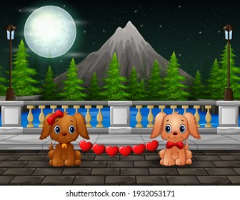 Night scene with a couple dogs bite red heart