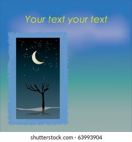 Night scene with crescent, starry sky and lonely tree, on ambient day light dreamy background with place for your text