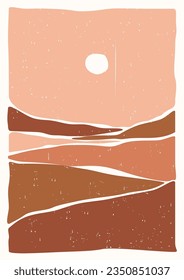 Night scene in desert. Modern boho landscape. Back to nature. Abstract silhouette hills. Aesthetic mountains. Stock vector illustration.
