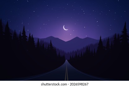 Night scene with empty road and mountain