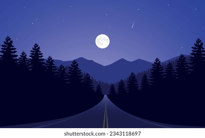 Night scene with empty road and mountain full moon and stars in background vector illustration.