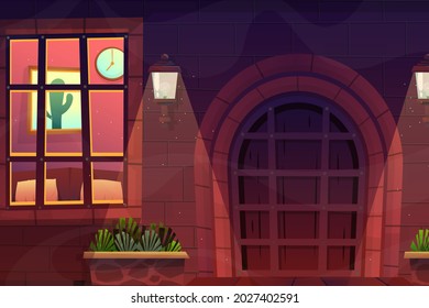 Night scene, exterior design house facade with front wooden door of brick house and lamp on the wall, looked through glass window and saw inside of house. Vector illustration in flat style