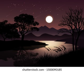 night scene in forest with falling meteor 