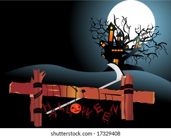 Night Scene with Full Moon Haunted house and hanging pumpkins of halloween background series view more in our profile