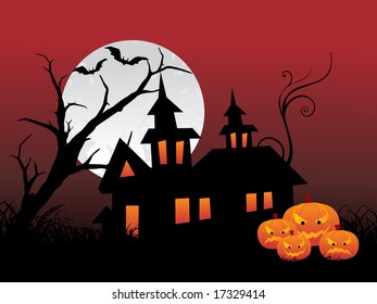 Night Scene with Full Moon haunted house and bats with tree  of halloween background series view more for halloween in our profile