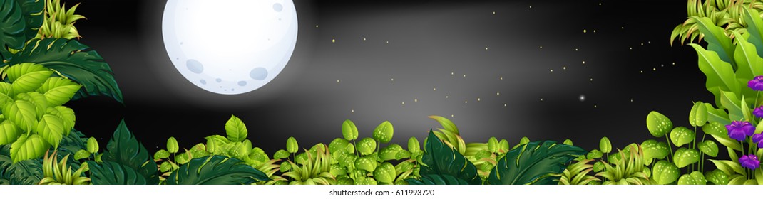 Night scene with fullmoon over the garden illustration