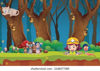 Night scene with girl and other animals illustration