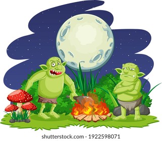 Night scene with goblin or troll cartoon character illustration