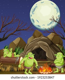 Night scene with goblin or troll cartoon character illustration